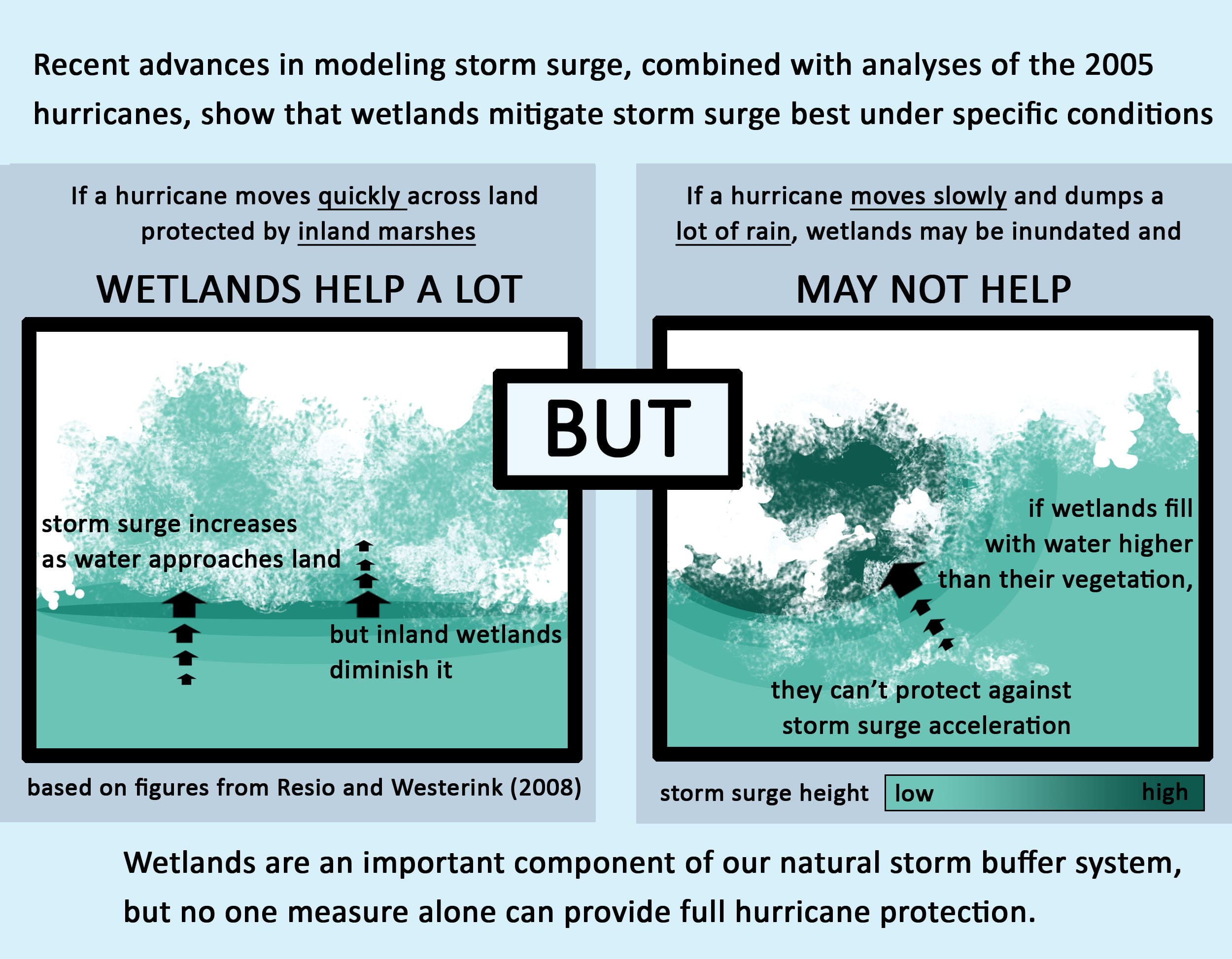 Recent advances show that wetlands mitigate storm surge best when a hurricane moves quickly across land protected by inland marshes, but are less helpful when hurricanes move slowly
