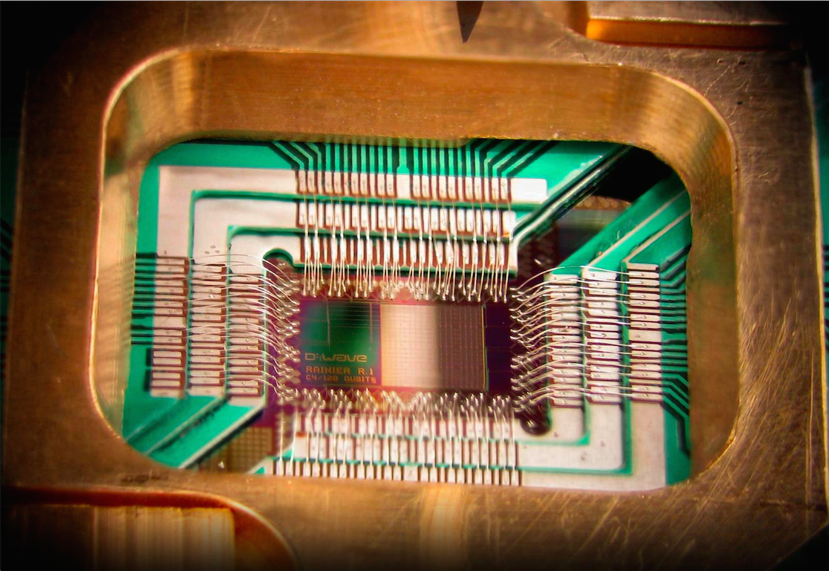 This is a 128-qubit chip from a quantum computer produced by D-Wave. Image credit: https://upload.wikimedia.org/wikipedia/commons/1/17/DWave_128chip.jpg