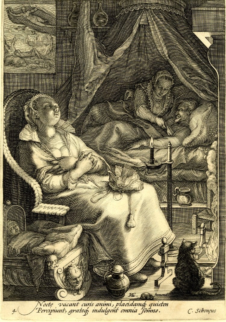 Ekirch argues that this British engraving by Jan Saenredam from the late 1500's is evidence of biphasic sleep patterns | 
