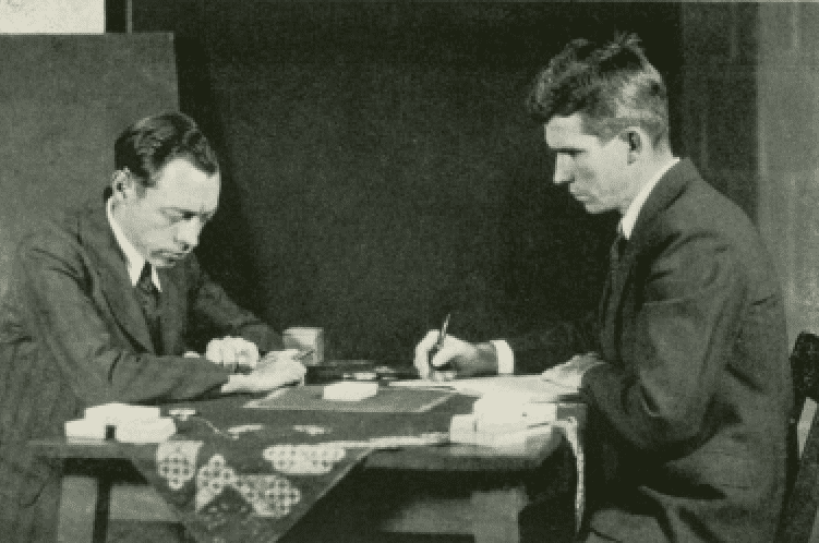  J.B. Rhine (right) conducting an experiment with Zener cards. He was unable to prove the existence of Jedi. Via Wikipedia. 