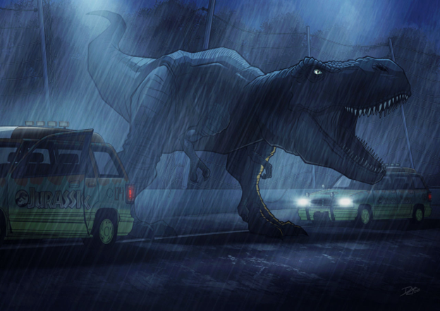 An illustration of a T-rex roaring between two green SUVs in heavy rain